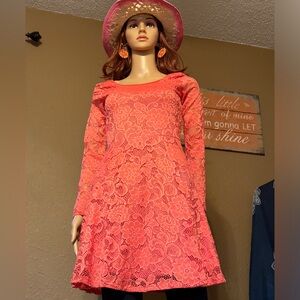 Coral pink off shoulder 3/4 sleeve cute petite dress, could be for girl too